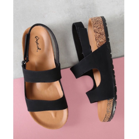 Shoes - Black Double strap sling back cork sandal